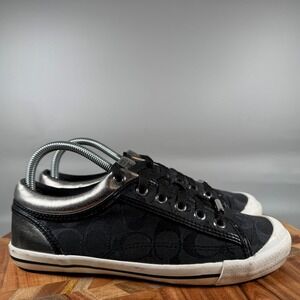 Coach Francesca Black Signature Monogram Low Top Sneakers Silver Womens 8B